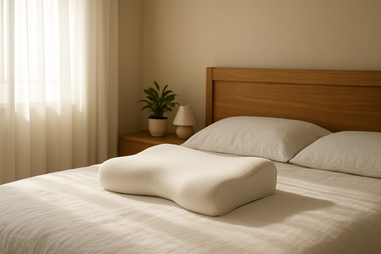 Oreiller cervical ergonomique en mousse à mémoire de forme sur un lit en lin blanc dans une chambre lumineuse au style scandinave, avec lumière naturelle et décoration apaisante.