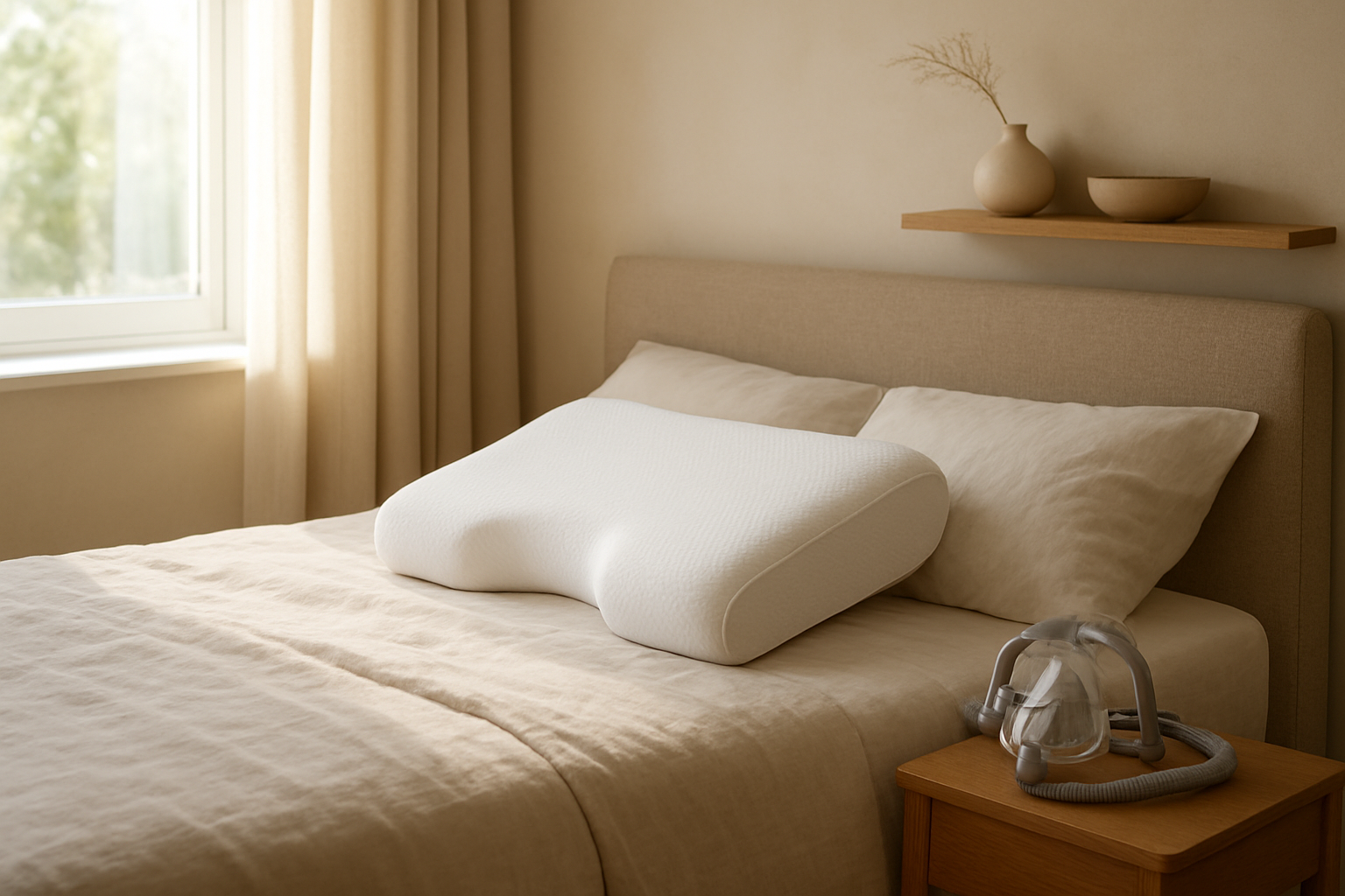 Oreiller ergonomique pour apnée du sommeil en pharmacie sur un lit avec housse blanche, à côté d'un masque CPAP, dans une chambre lumineuse et apaisante.