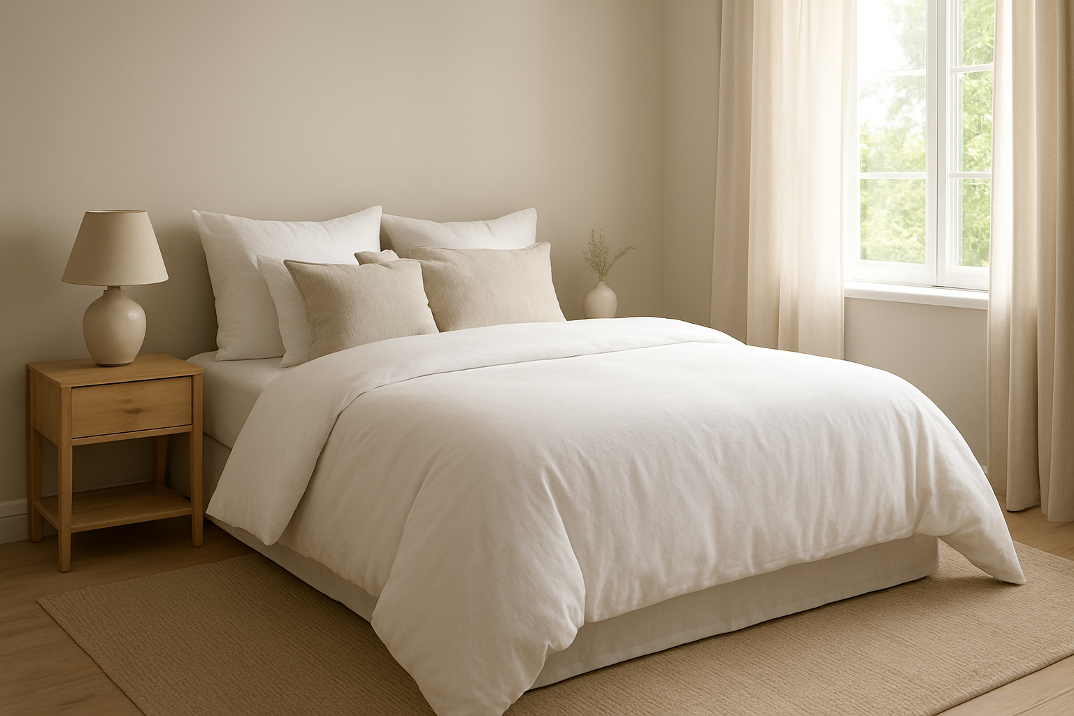 Lit 140x190 avec couette blanche 200x200 cm dans une chambre lumineuse et décorée avec goût
