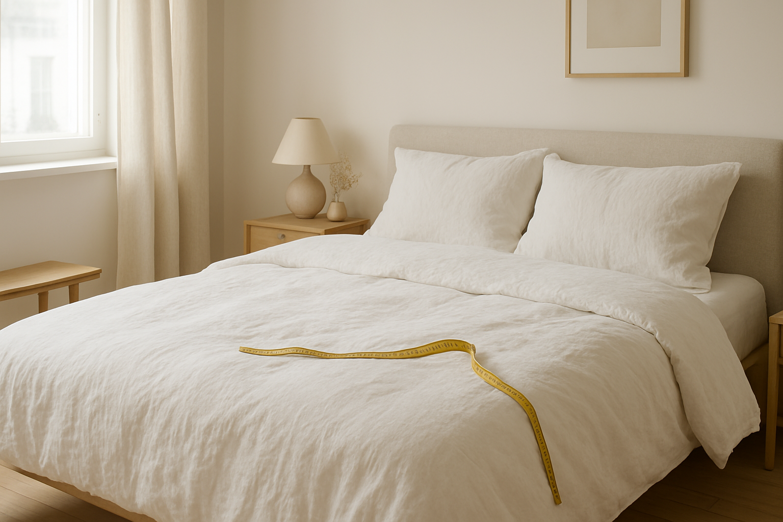 Lit avec housse de couette blanche en lin, mètre ruban posé dessus pour mesurer la taille, chambre lumineuse style scandinave.