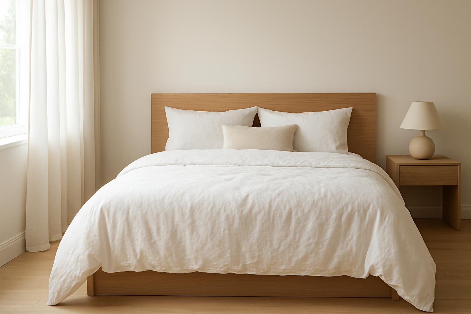 Lit 160x200 avec housse de couette blanche en coton, tombant élégamment sur les côtés, dans une chambre lumineuse minimaliste