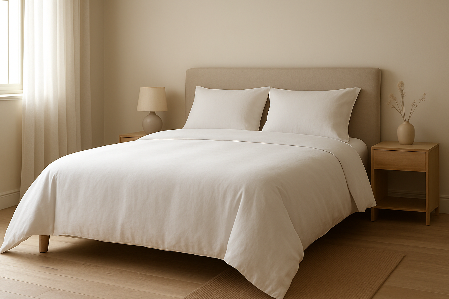 Lit 140x190 avec une housse de couette blanche bien ajustée, tombant légèrement sur les bords, dans une chambre lumineuse au style épuré