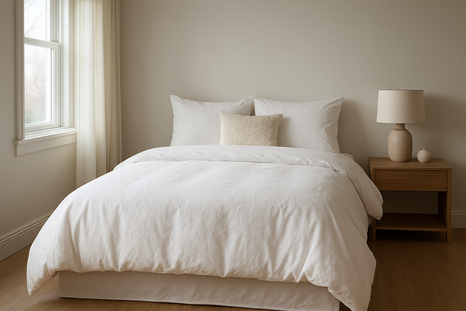 Lit 140x190 avec housse de couette blanche légèrement oversize, chambre lumineuse et moderne, décoration minimaliste