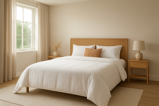 Lit 160x200 avec housse de couette blanche bien ajustée, retombée élégante sur les côtés, chambre lumineuse et minimaliste.