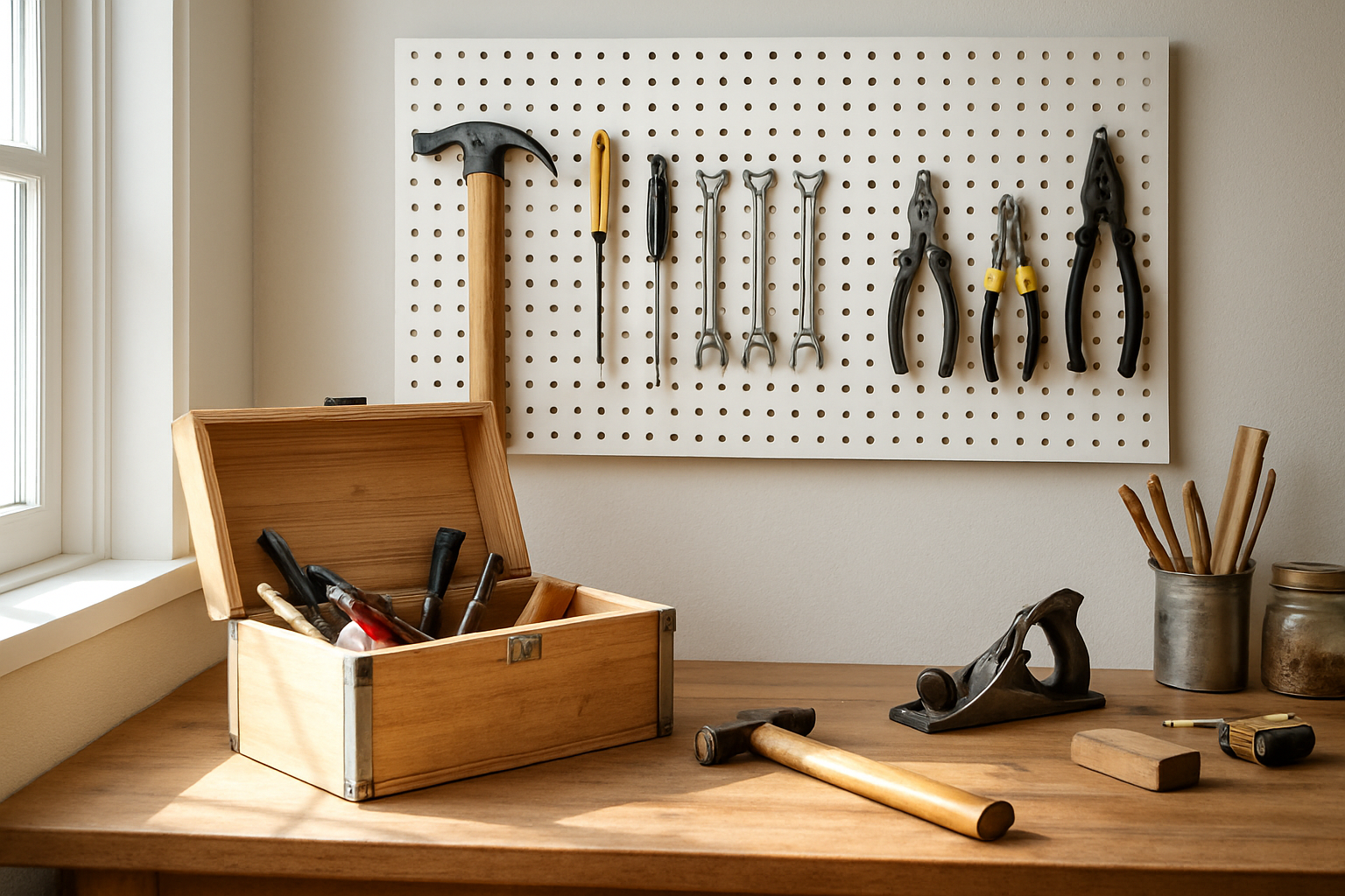 Atelier lumineux avec rangement mural perforé et établi en bois, outils organisés, lumière naturelle