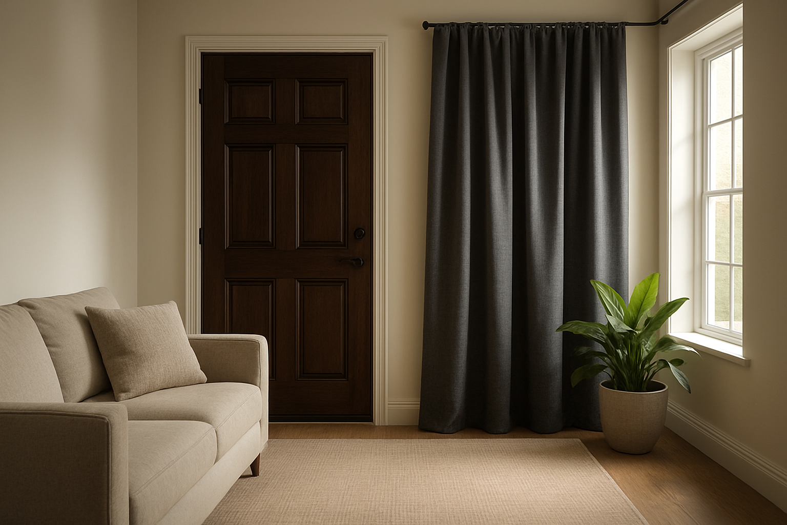 Rideau thermique gris anthracite installé devant une porte d'entrée en bois foncé dans un salon lumineux avec tapis beige et plante verte.