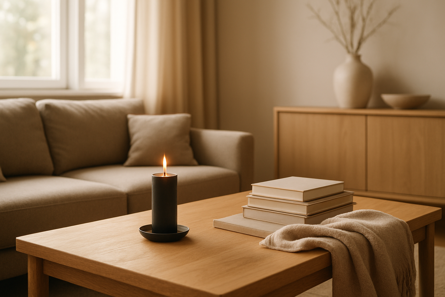 Bougie noire posée sur une table basse en bois dans un salon lumineux, entourée de livres et d'un plaid beige, décoration minimaliste et élégante.