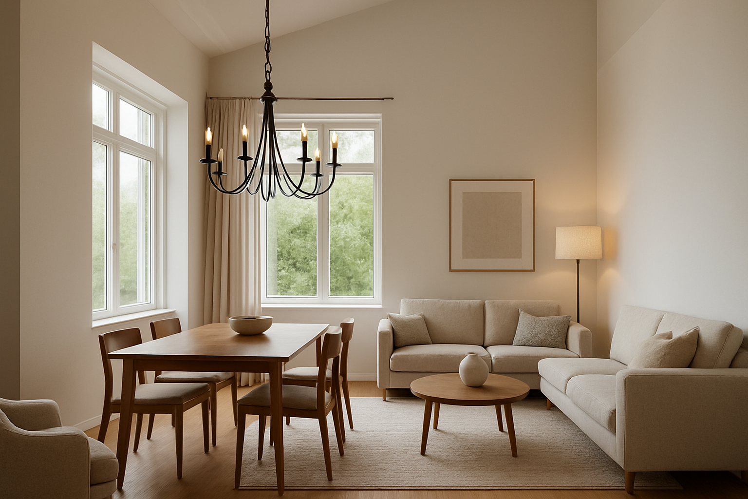 Salon lumineux avec un lustre design suspendu au-dessus d'une table en bois, un lampadaire d'ambiance dans le coin, et une lumière naturelle filtrant par les fenêtres – Solea Centre Régional du Luminaire