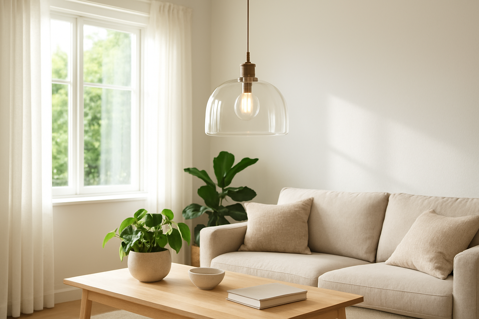 Suspension Soléa en verre transparent au-dessus d'une table en bois dans un salon lumineux avec plantes vertes et coussins beiges, éclairage naturel.