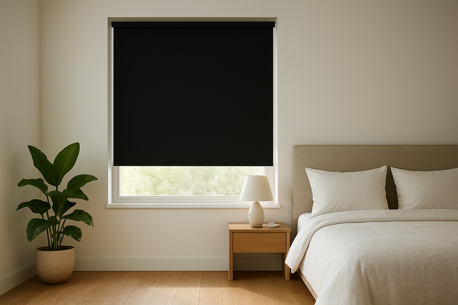 Store occultant enrouleur noir dans une chambre moderne, bloquant la lumière du jour, avec un lit et une décoration minimaliste.
