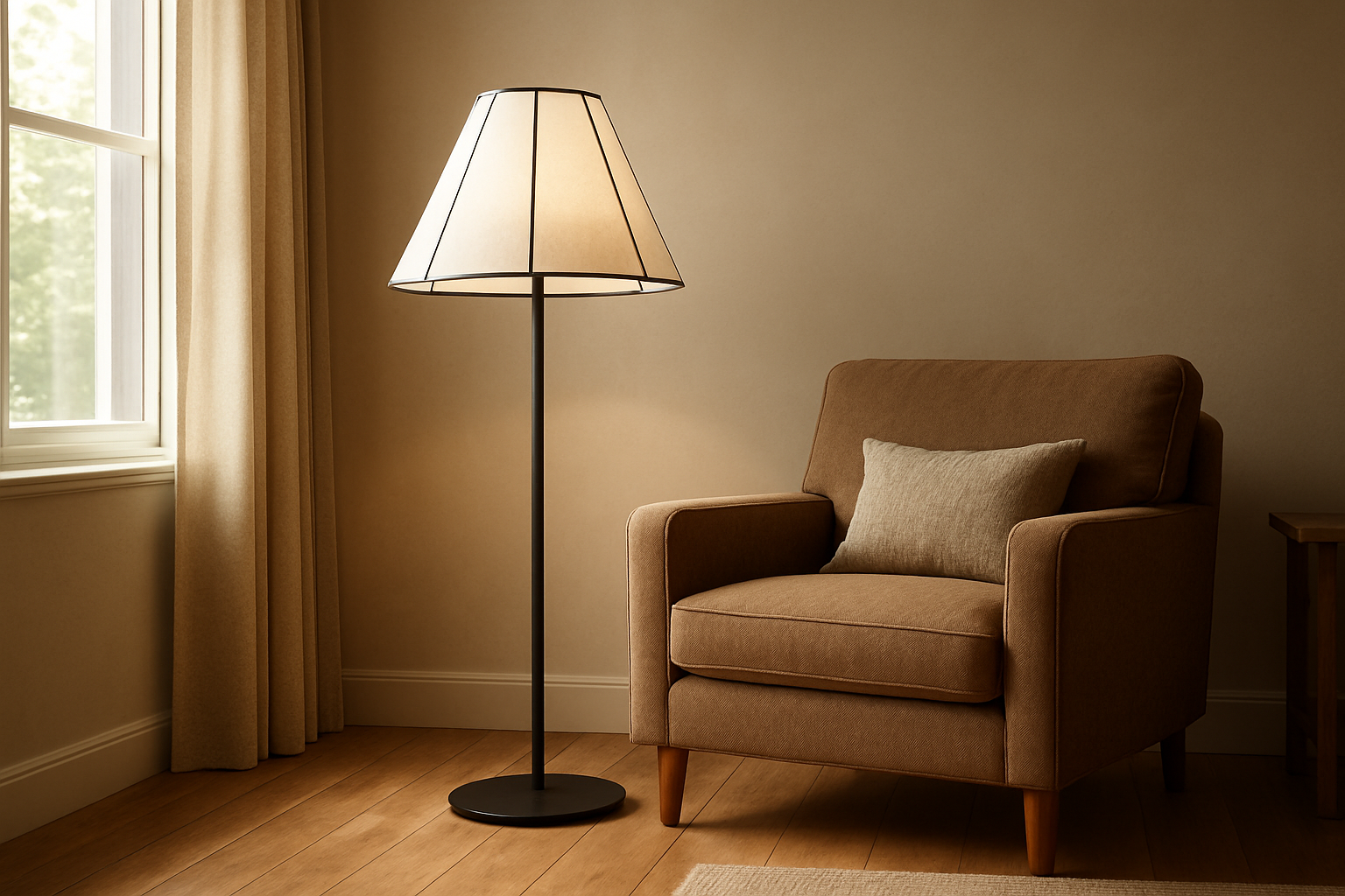 Lampadaire avec abat-jour conique blanc sur structure métallique noire dans un salon lumineux au style contemporain, à côté d'un fauteuil en velours vert
