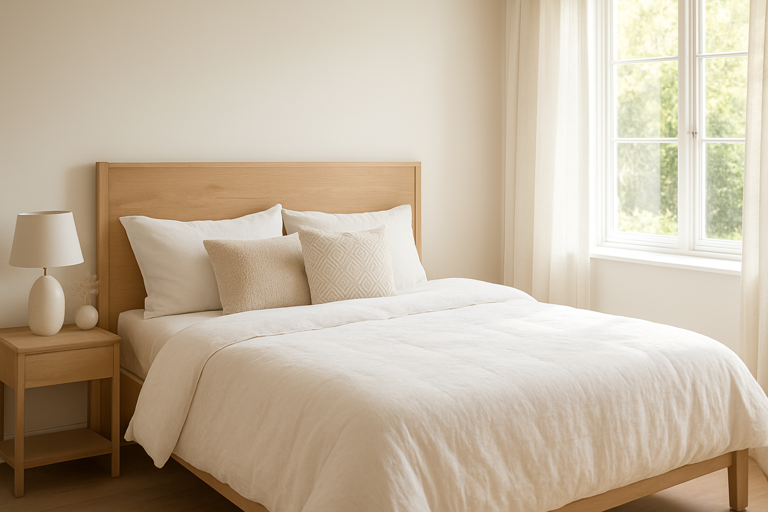Grand lit 180x200 avec couette blanche moelleuse, coussins et tête de lit en bois, lumière naturelle dans une chambre décorée.