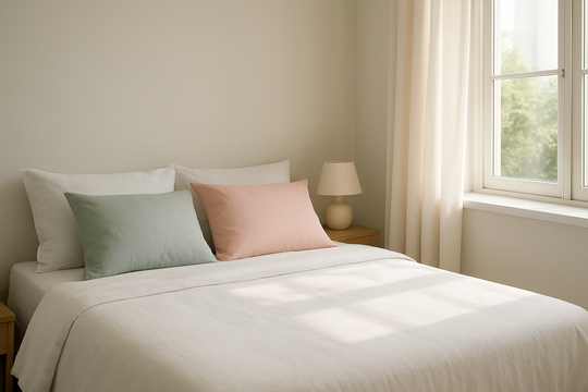 Deux oreillers rectangulaires de tailles différentes, 50x70 cm et 70x70 cm, sur un lit double avec linge de lit blanc et taies pastel, chambre lumineuse