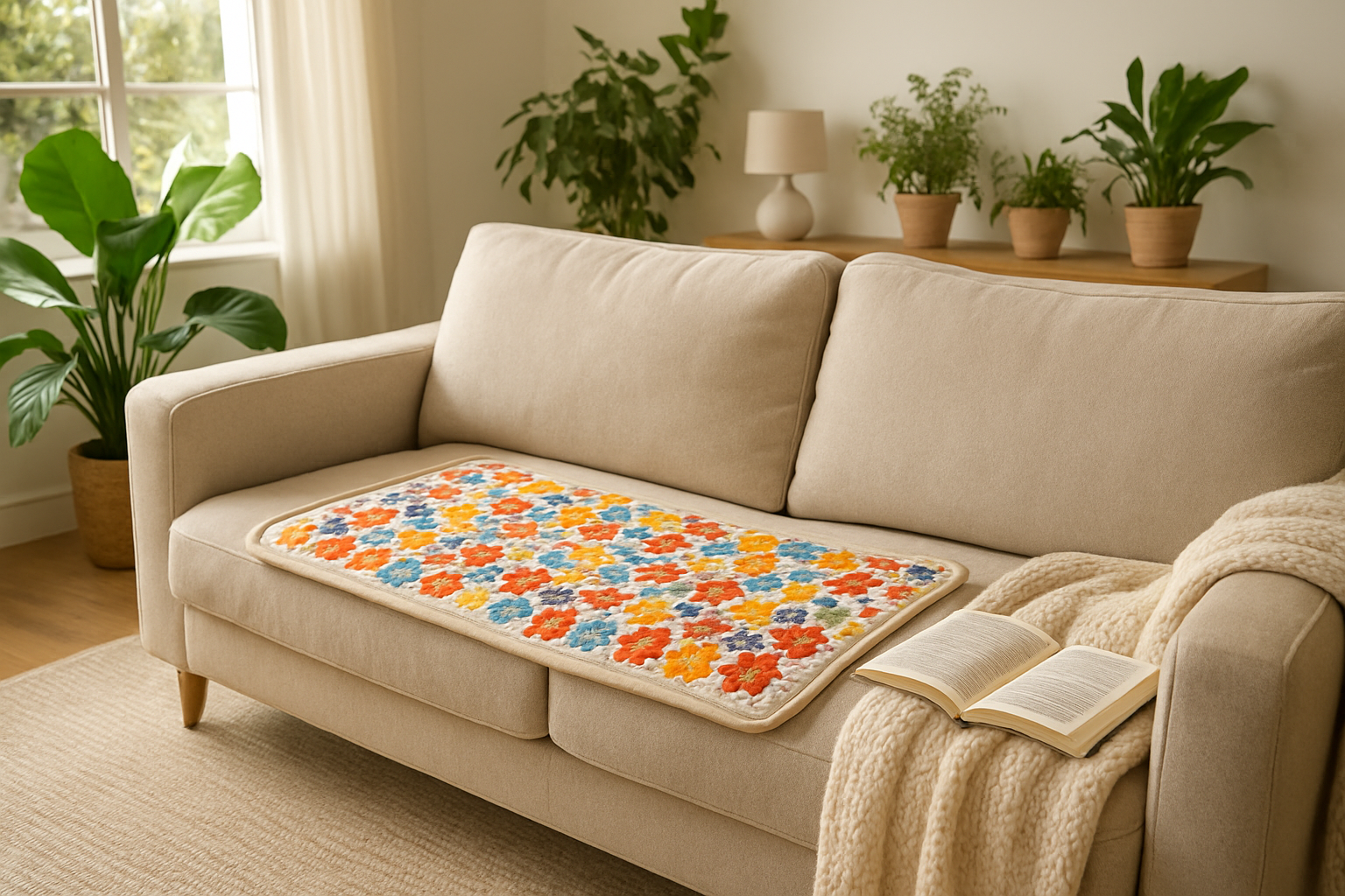 Tapis Champ de Fleurs posé sur un canapé beige dans un salon lumineux, avec des fleurs colorées et un plaid en laine, ambiance relaxante et naturelle.