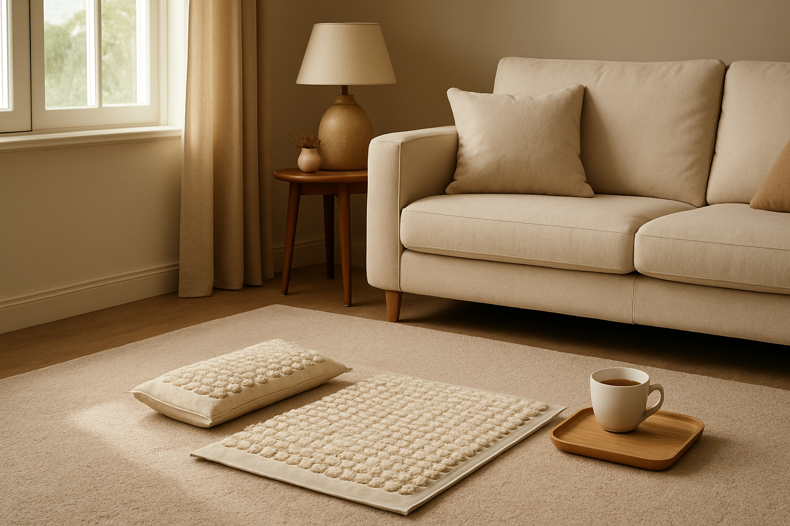 Tapis Champ de Fleurs d'acupression posé sur un tapis beige dans un salon lumineux, avec coussin assorti et tasse de thé à côté.
