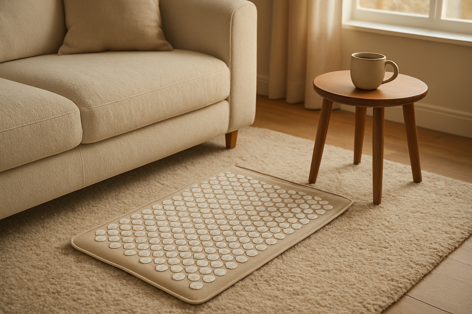 Tapis Champ de Fleurs d'acupression posé sur un tapis moelleux dans un salon lumineux, avec canapé et table basse en bois, baigné de lumière naturelle.