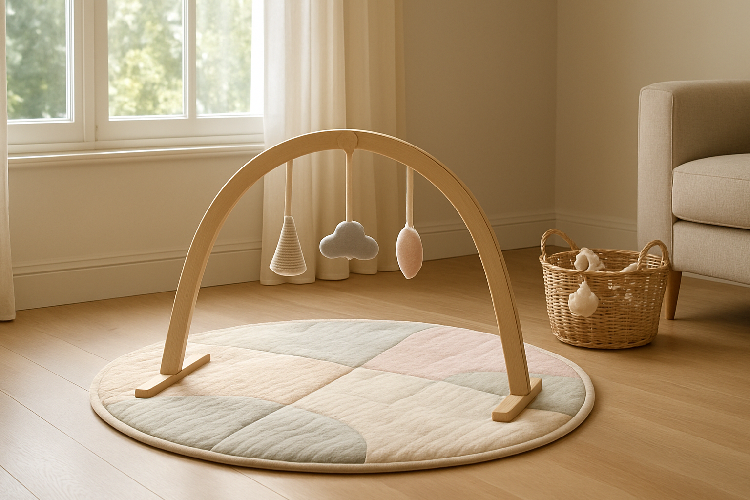 Tapis de motricité bébé aux tons neutres avec arche en bois et jouets suspendus, posé dans un salon lumineux au style scandinave.