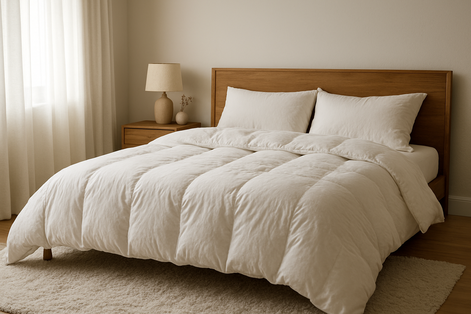Lit avec une couette blanche moelleuse dans une chambre lumineuse, rideaux en voilage, tête de lit en bois et tapis doux, évoquant un lavage parfait de la couette