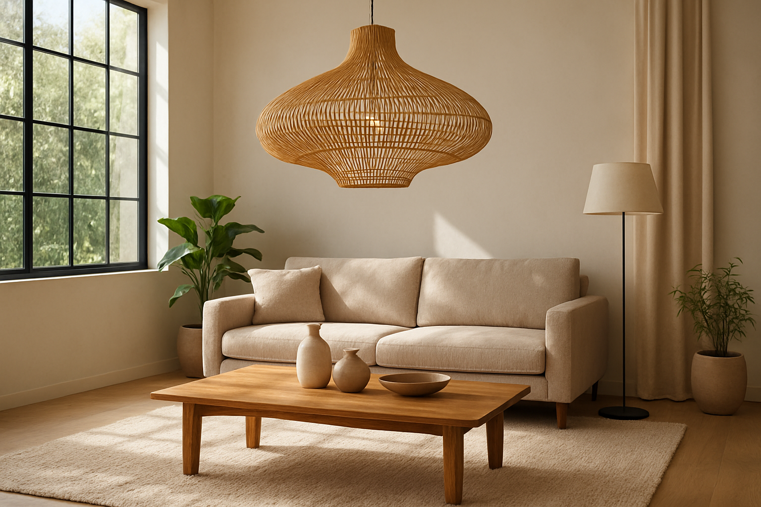 Salon moderne avec une suspension en rotin sculpturale au-dessus d'une table basse en bois, un lampadaire en lin et une lumière naturelle tamisée, illustrant la tendance luminaire 2026.