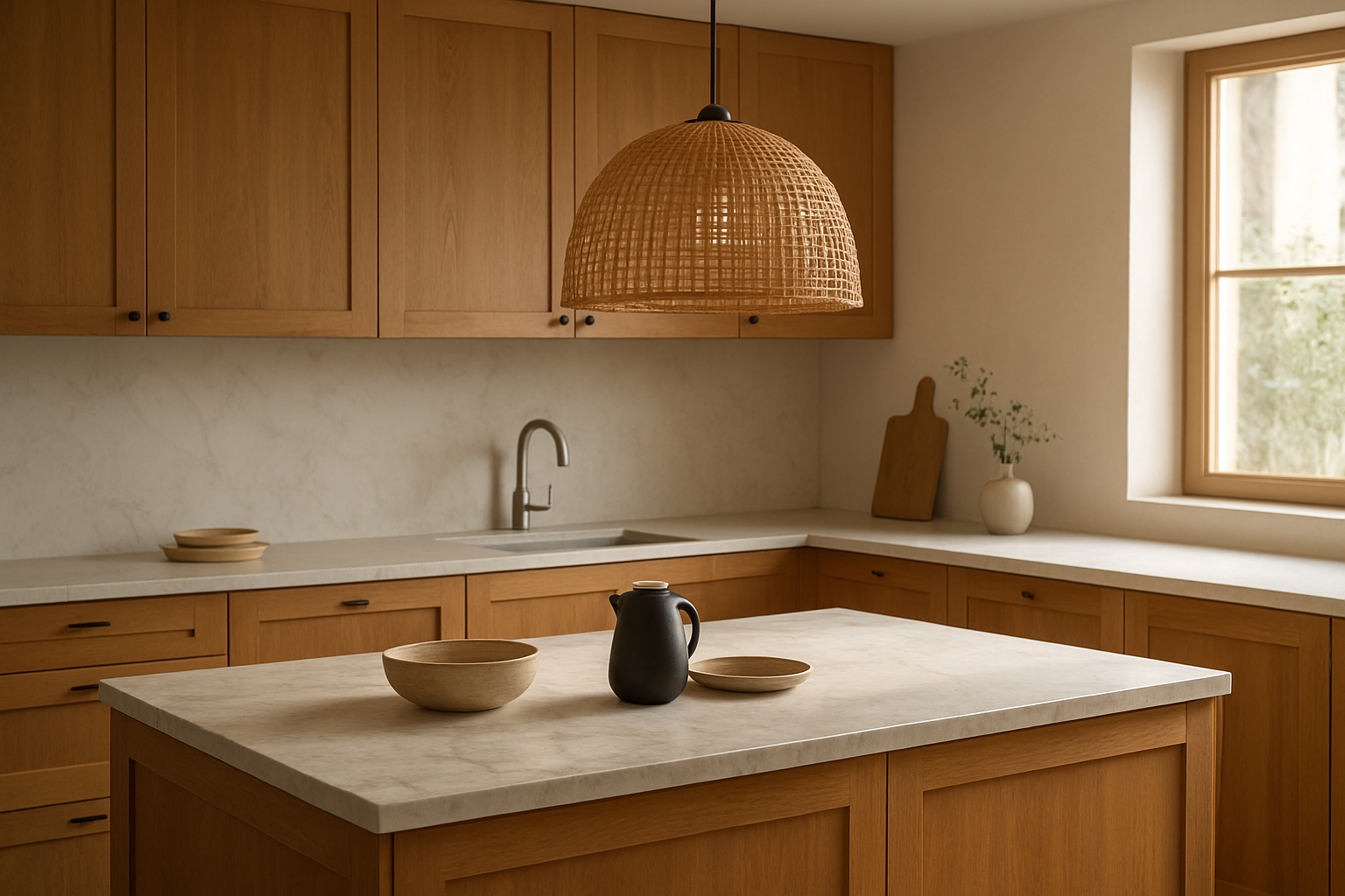 Suspension en rotin tressé au-dessus d'un îlot de cuisine moderne avec plans de travail en marbre et lumière naturelle