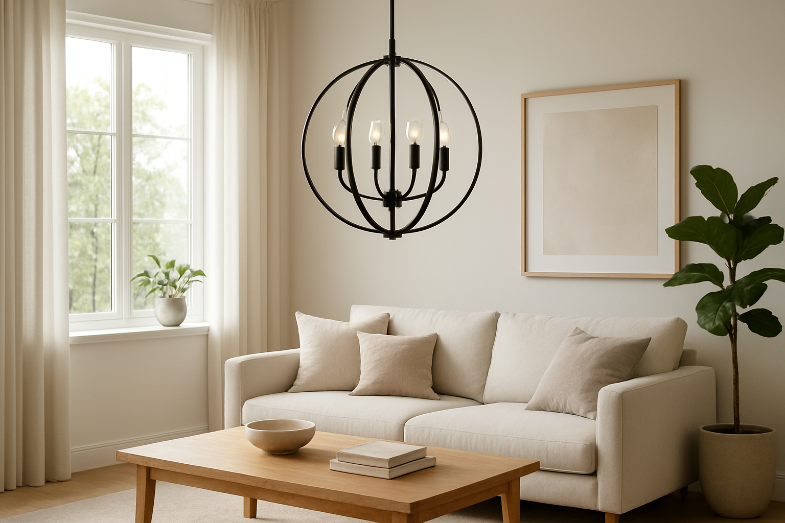 Lustre design noir suspendu au-dessus d'une table basse en bois dans un salon lumineux avec plantes vertes et coussins neutres, tendance décoration intérieure 2025