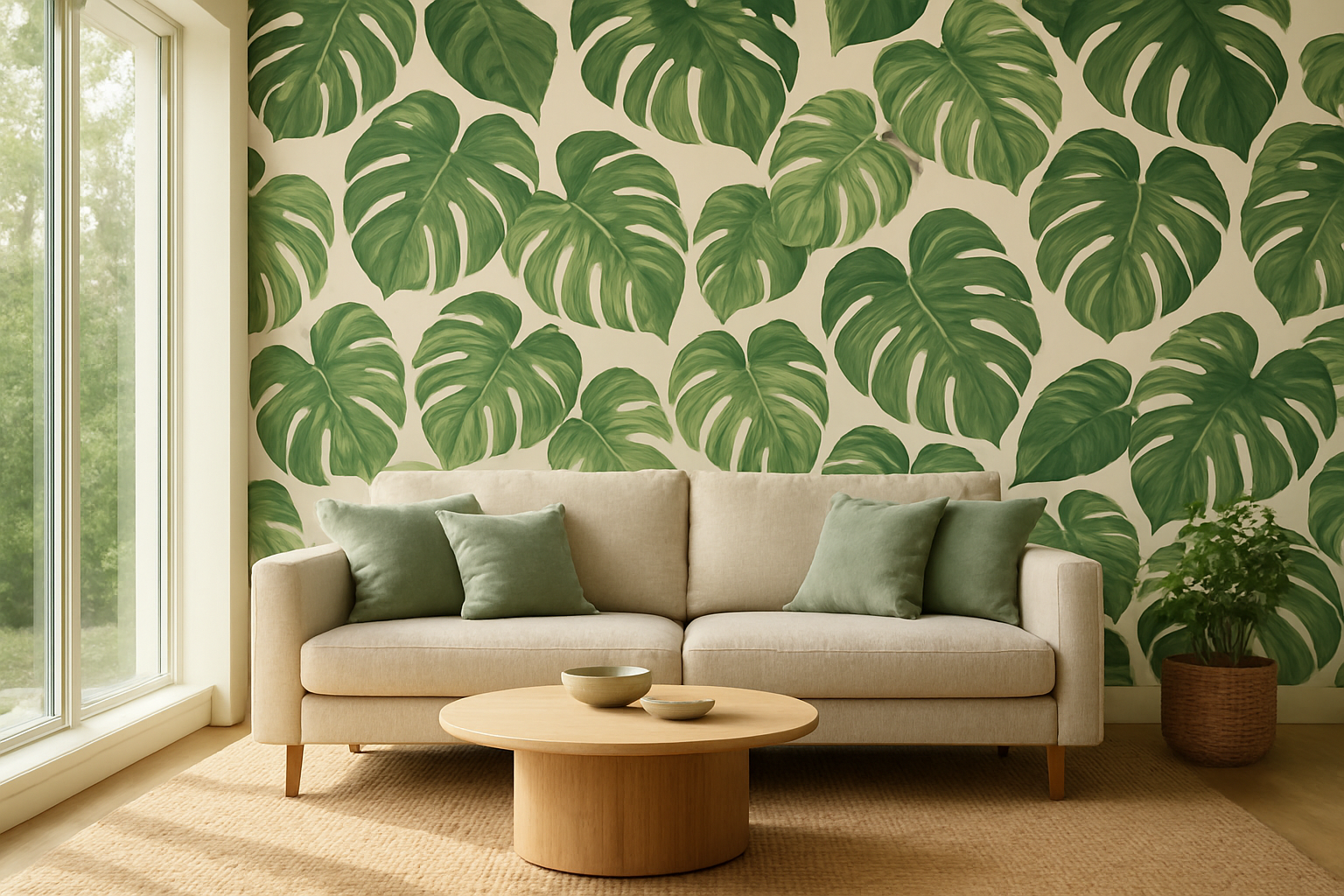 Salon lumineux avec mur d'accent en papier peint tendance 2025 motifs botaniques géants verts sur fond blanc cassé, canapé beige et tapis jute