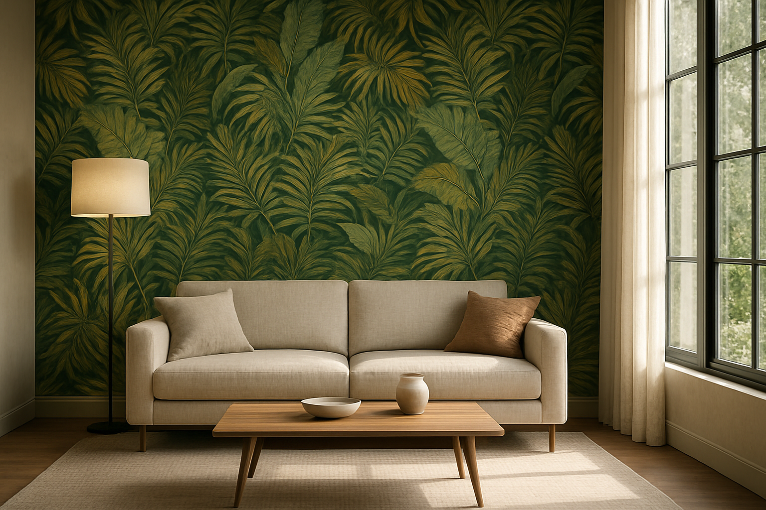 Salon moderne avec mur d'accent en papier peint tropical vert et doré, canapé beige, table basse en bois, lumière naturelle, lampe sur pied, décoration élégante