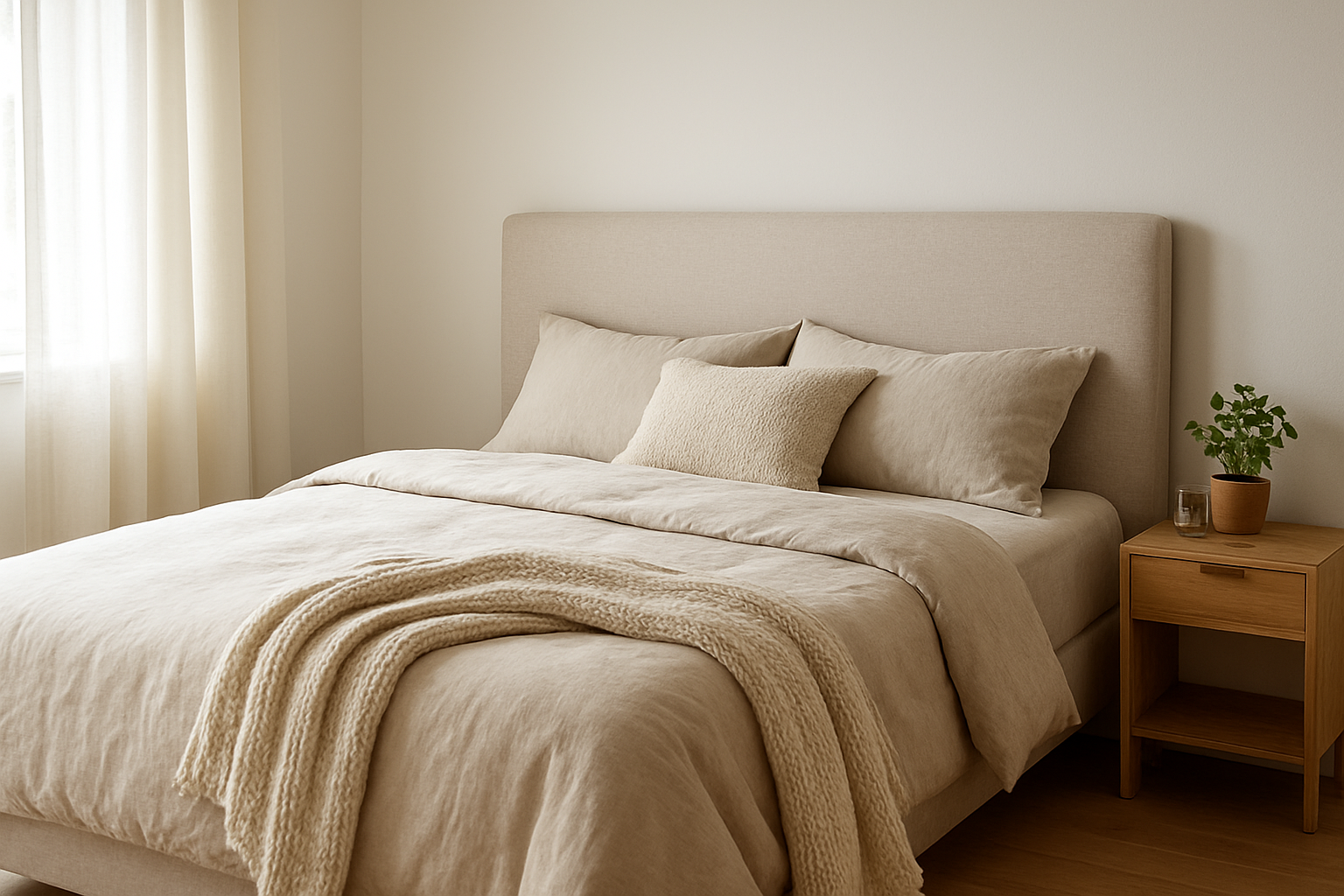 Tête de lit capitonnée beige pas chère dans une chambre cosy avec linge de lit en lin et lumière naturelle