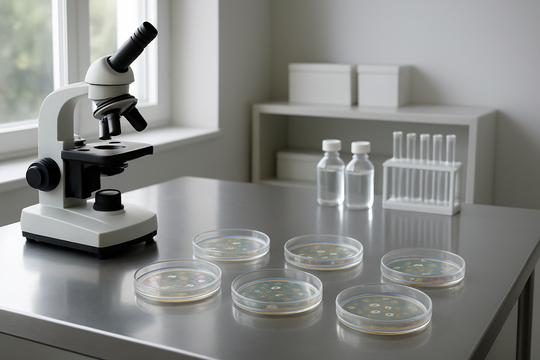 Boîtes de Pétri avec colonies de bactéries miroir irisées sur une paillasse de laboratoire éclairée par la lumière naturelle, microscope en arrière-plan.