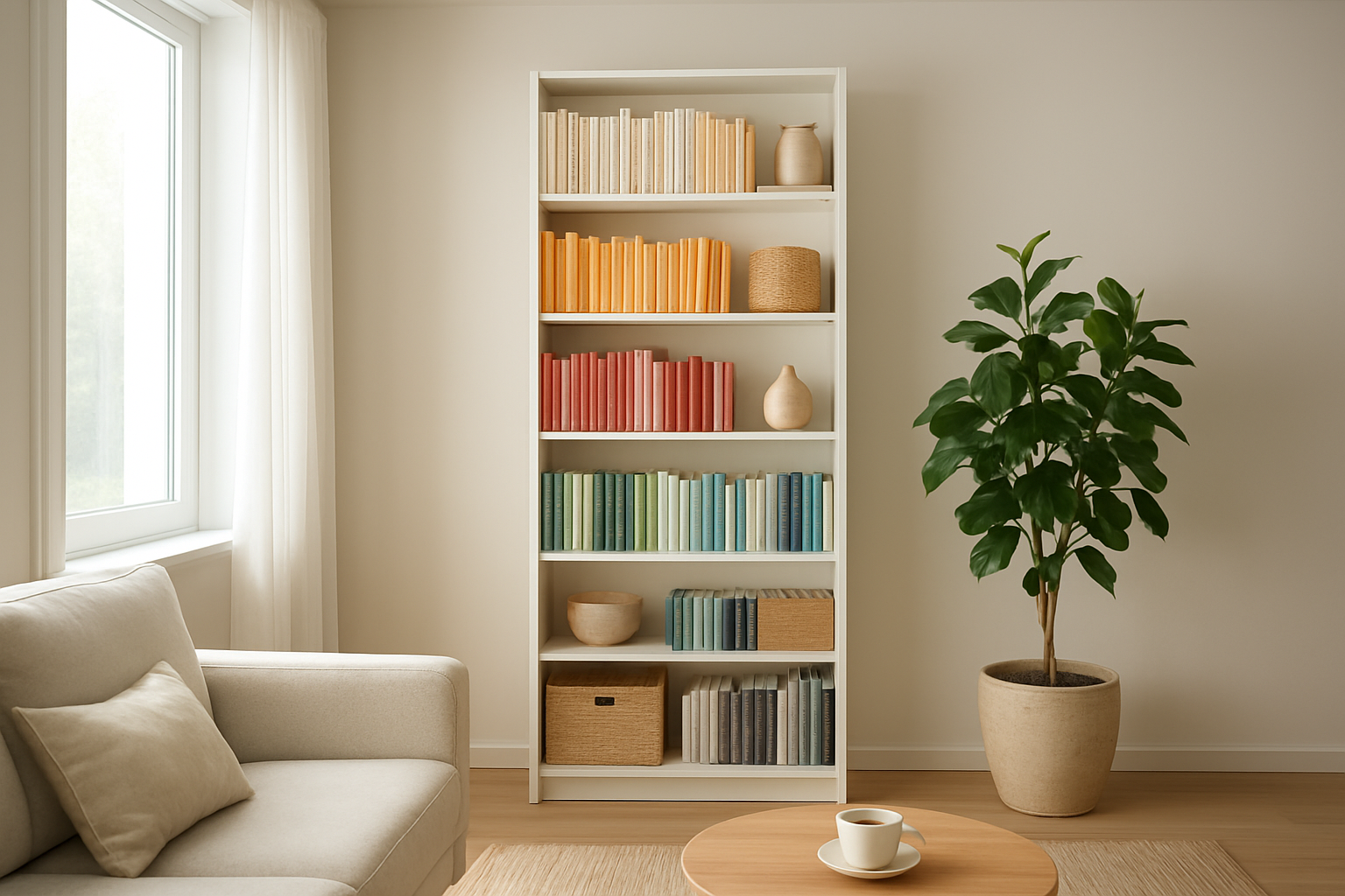 Bibliothèque Billy IKEA blanche avec livres et décoration dans un salon lumineux au style scandinave, plante verte à côté.