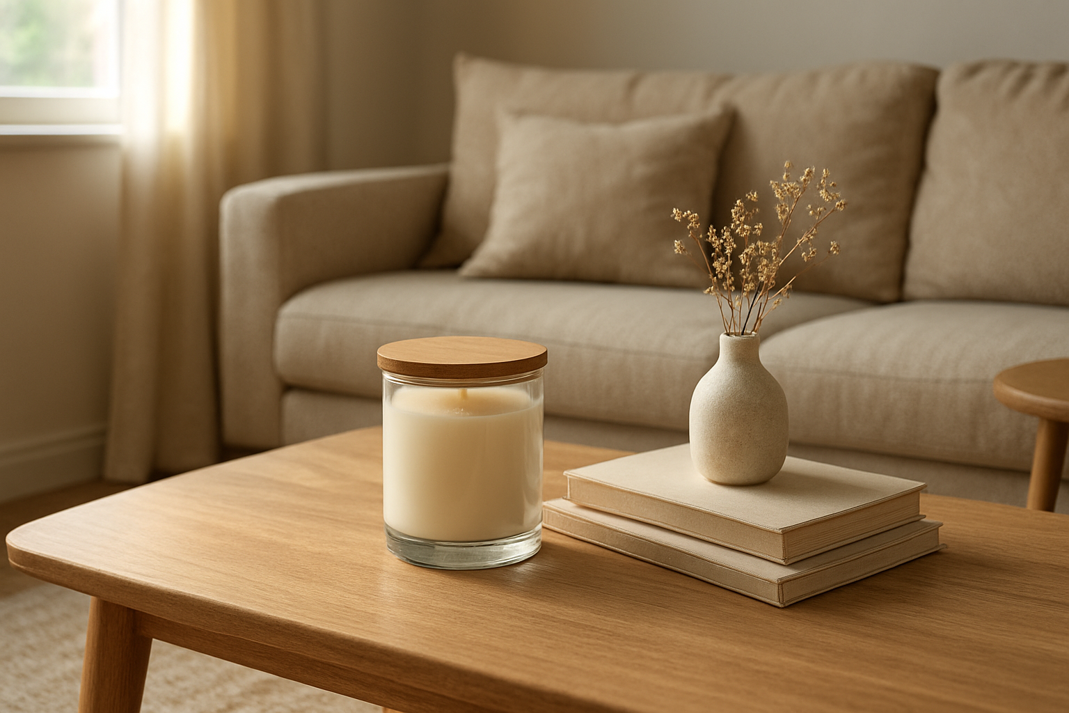 Bougie en anglais parfumée dans un pot en verre sur une table basse en bois, entourée de livres et de fleurs séchées, dans un salon lumineux et cosy.