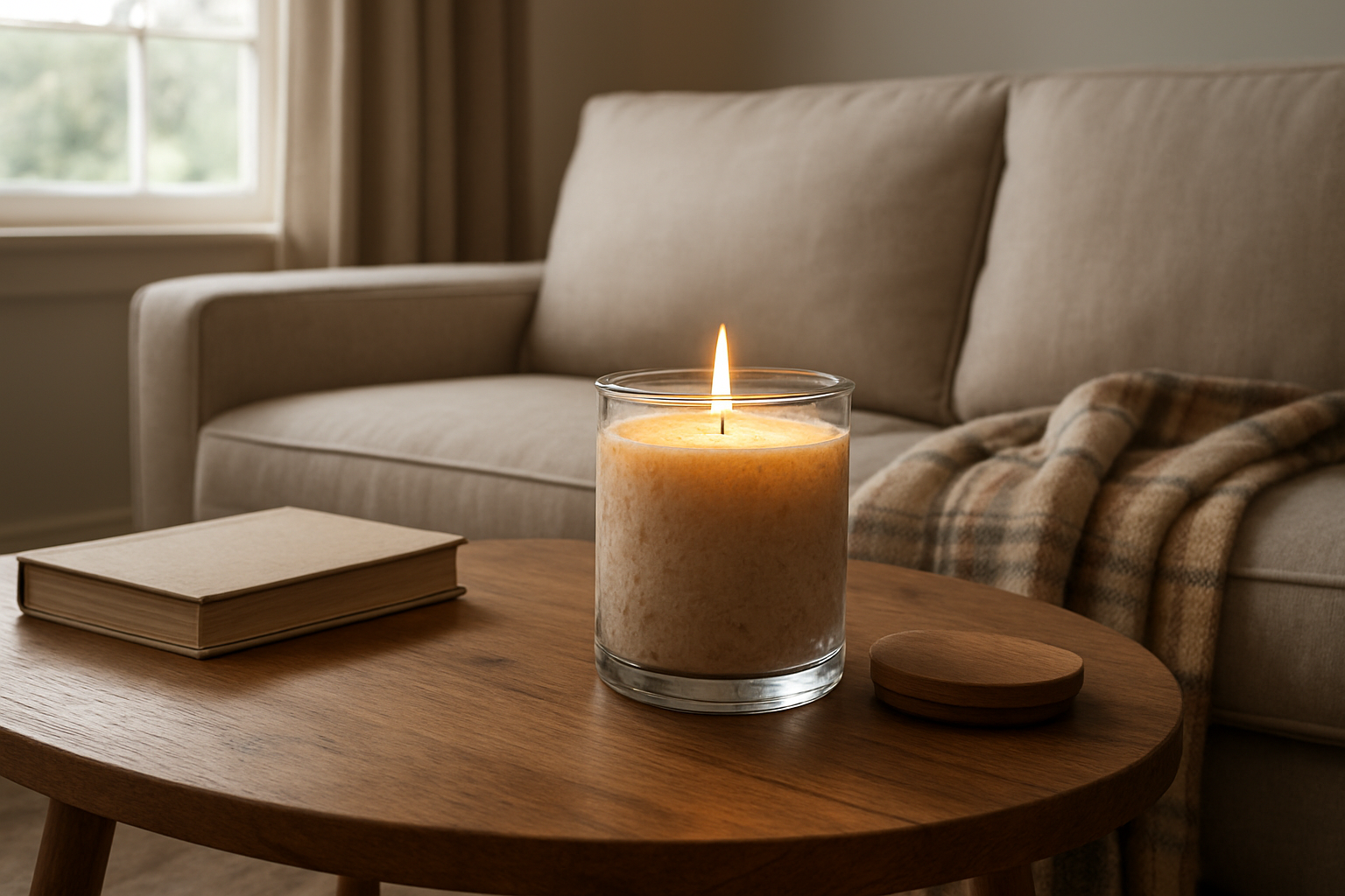Bougie Peau d'Âne artisanale dans un pot en verre sur une table basse en bois, avec une lumière tamisée et des accessoires déco
