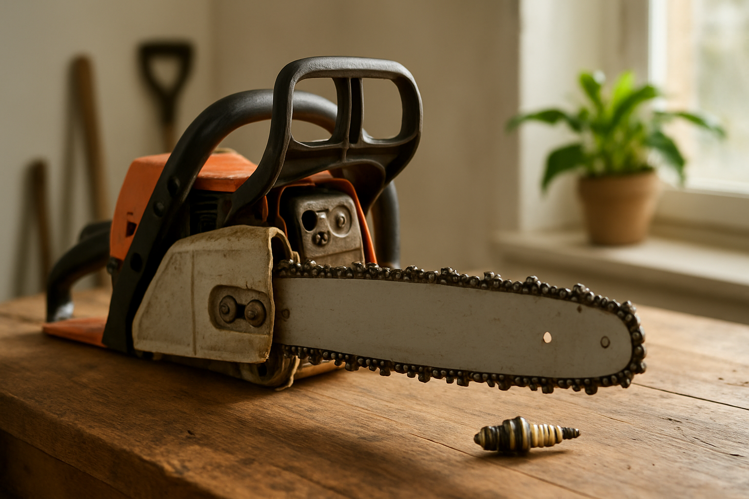 Tronçonneuse thermique sur un établi en bois avec une bougie tronçonneuse dévissée à côté, outils de jardinage en arrière-plan flou, lumière naturelle.