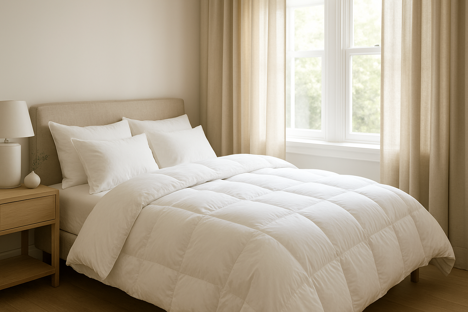 Grand lit avec couette en duvet d'oie blanche gonflante, oreillers moelleux et lumière naturelle dans une chambre cosy.