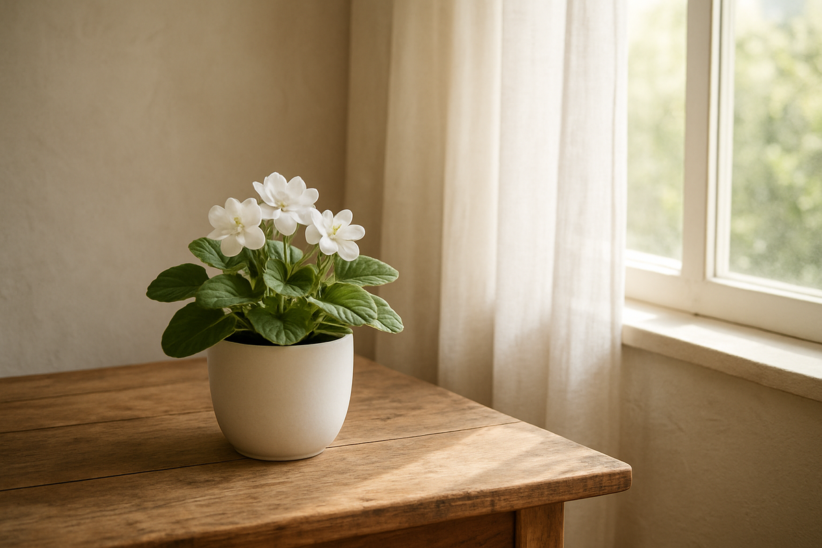 Fleur de pot à Cormeilles-en-Parisis en pot blanc sur table en bois près d'une fenêtre avec rideaux en lin, décoration intérieure naturelle et lumineuse