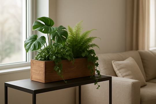 Jardinière d'intérieur en bois avec plantes vertes sur une console près d'une fenêtre, dans un salon lumineux au style moderne