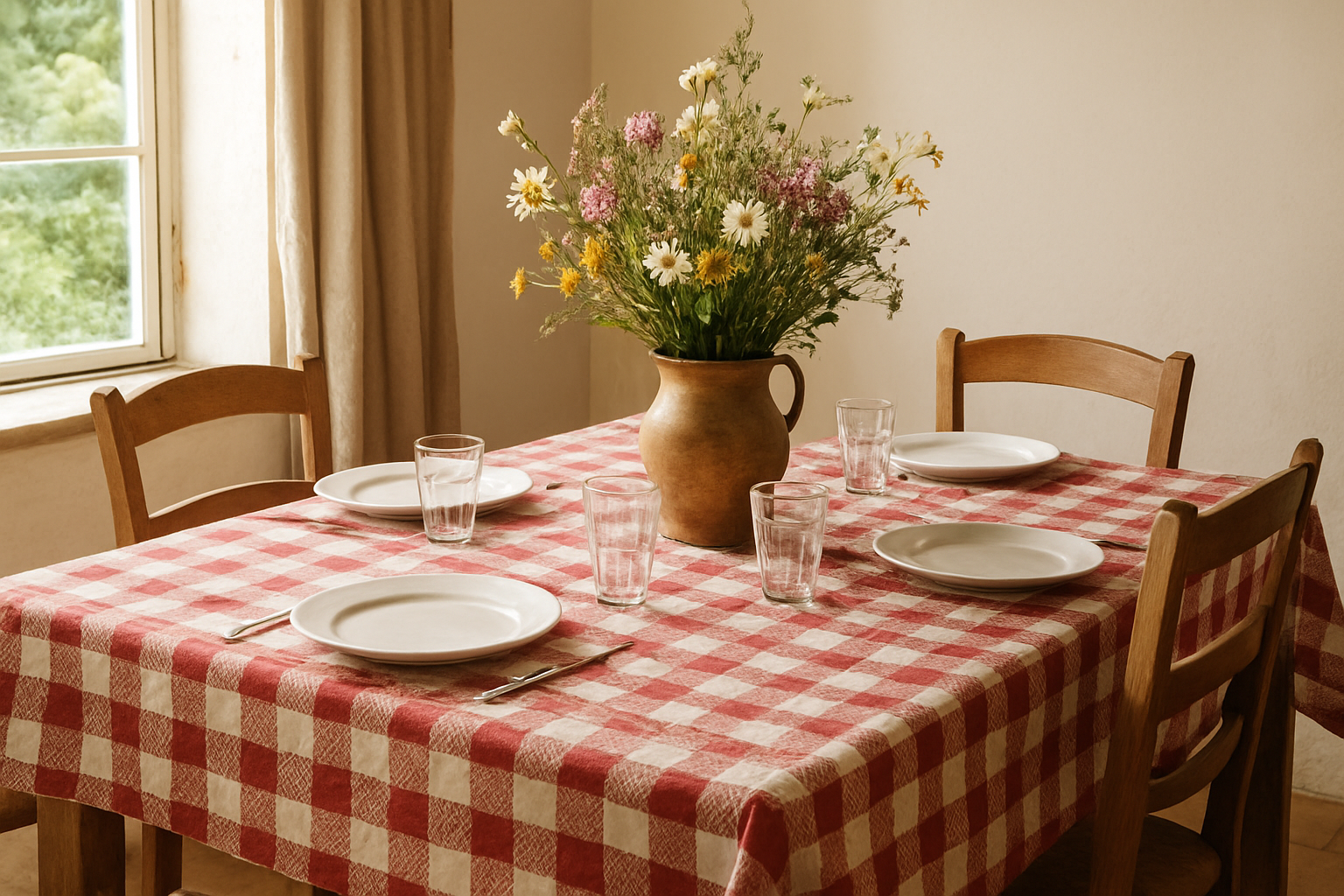 Table en bois avec nappe basque rouge et blanche à motifs losanges, assiettes blanches et bouquet de fleurs sauvages, lumière naturelle.