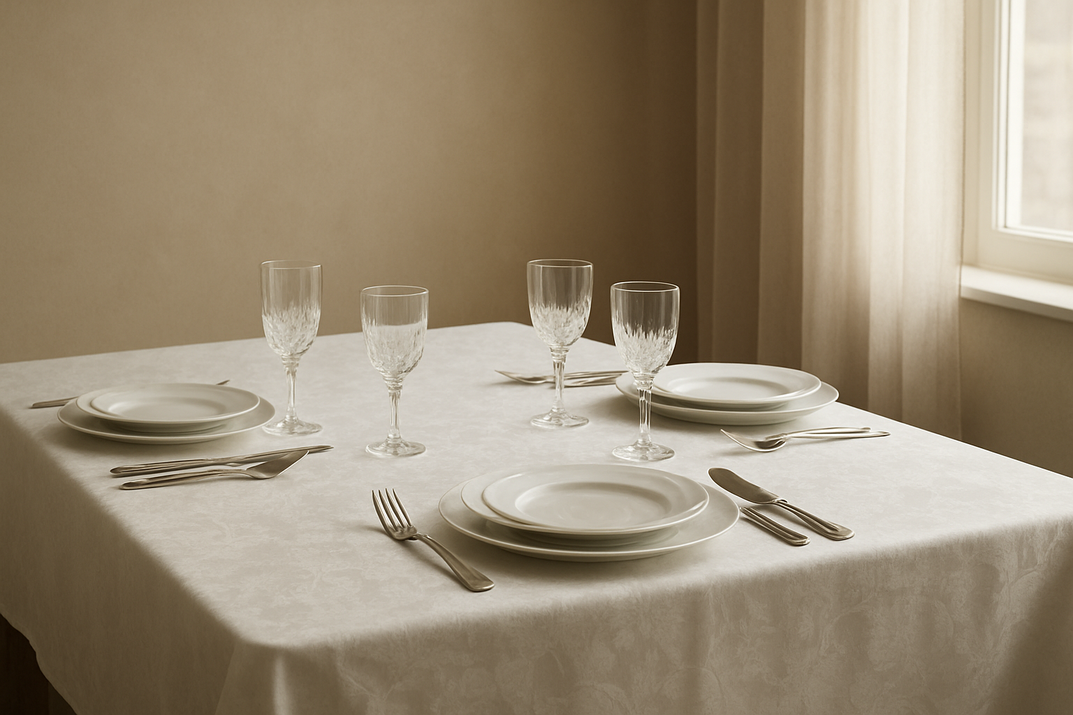 Table dressée avec une nappe damassée blanche aux motifs floraux, assiettes en porcelaine et verres en cristal, lumière naturelle
