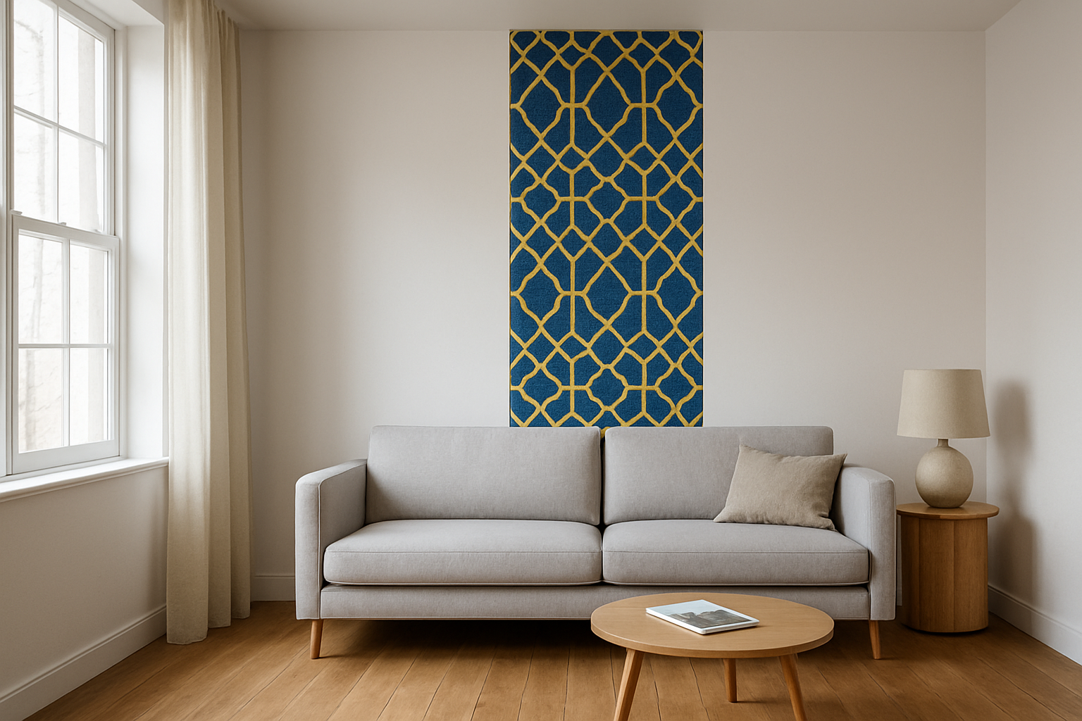 Salon moderne avec un seul lé de papier peint géométrique bleu et or sur un mur blanc, canapé minimaliste et lumière naturelle.