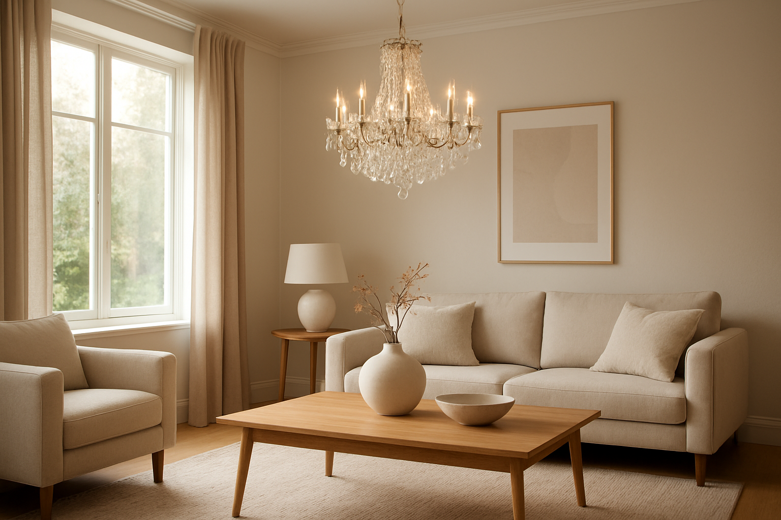 Lustre en cristal suspendu dans un salon moderne, éclairant une table basse, avec lumière naturelle, ambiance élégante.