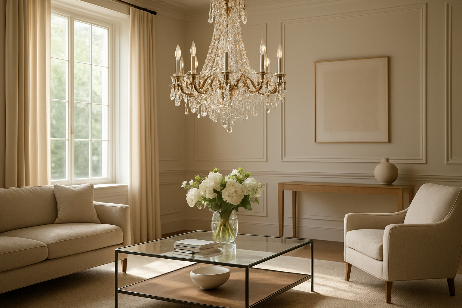 Lustre en cristal scintillant dans un salon lumineux avec une table basse en bois, reflets de lumière naturelle sur les pendeloques