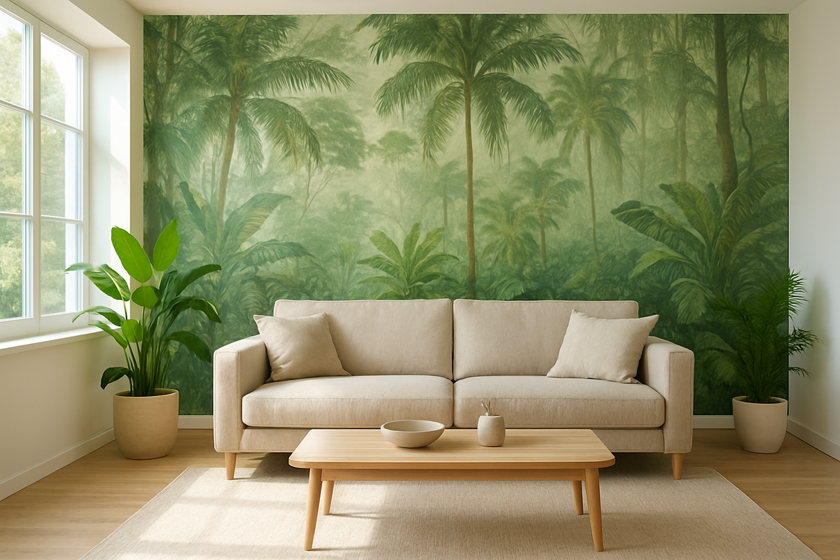 Salon moderne avec papier peint panoramique Chantemur forêt tropicale sur un mur, canapé beige et plantes vertes, lumière naturelle.