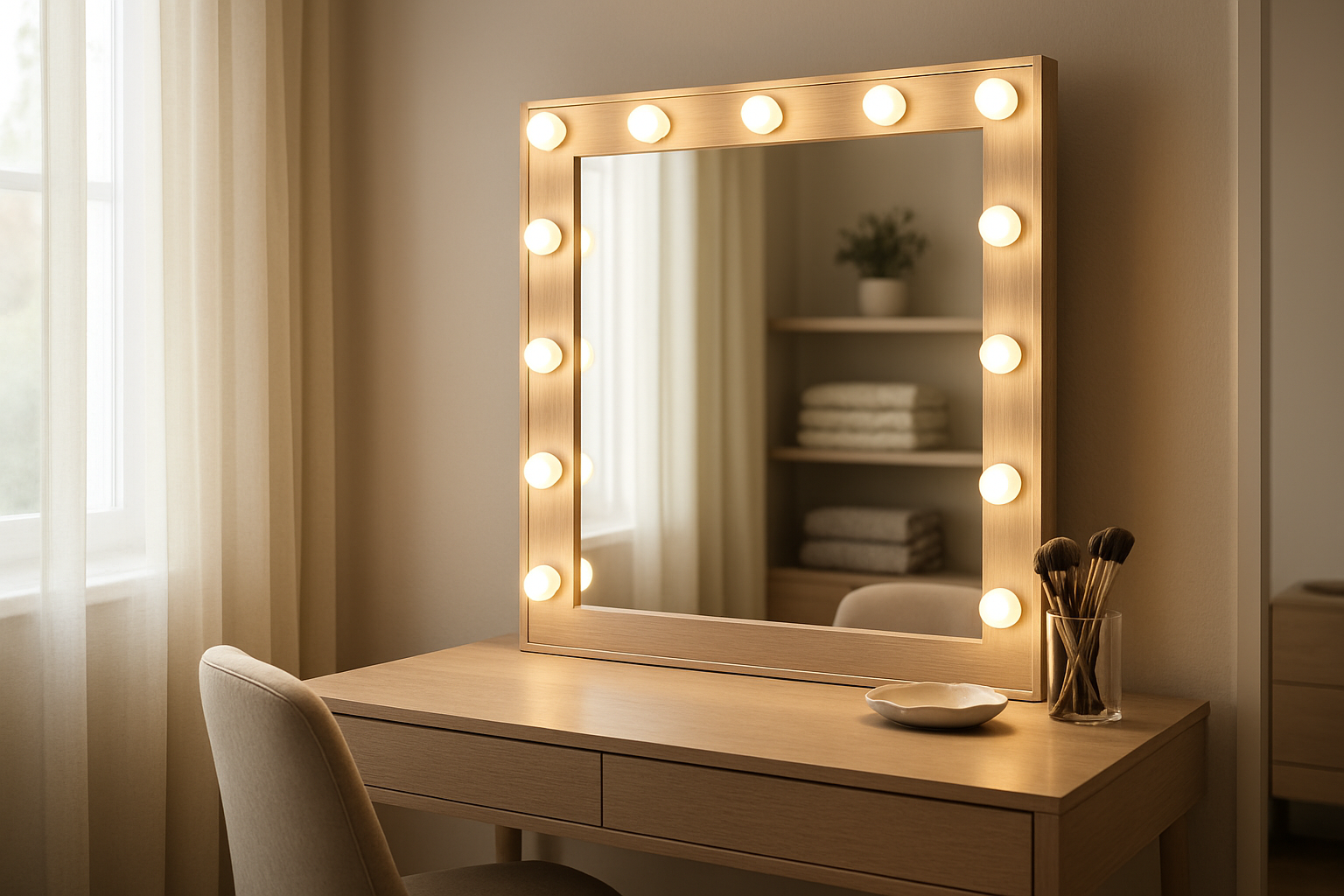 Miroir Hollywood rectangulaire avec ampoules LED blanches sur une coiffeuse dans un dressing moderne, éclairé par une lumière naturelle.