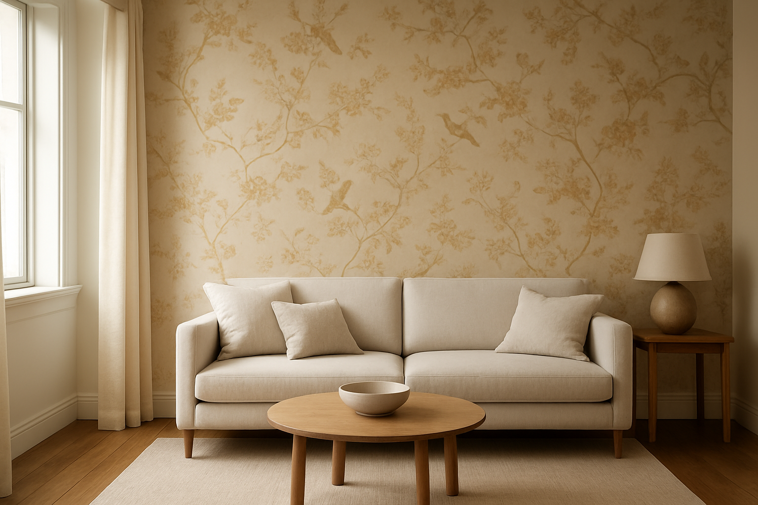 Salon lumineux avec un mur d'accent en papier peint chinois aux motifs floraux et oiseaux, beige et or, canapé minimaliste, lumière naturelle.