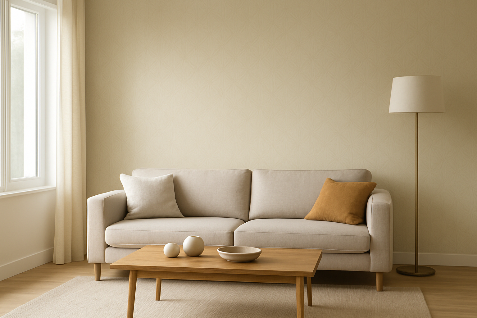 Salon lumineux avec un mur d'accent en papier peint Saint Maclou motif géométrique beige et or, canapé moderne et table basse en bois, lumière naturelle.