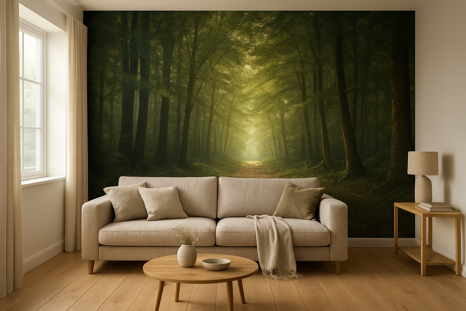 Salon moderne avec papier peint trompe l'œil représentant un chemin forestier en profondeur, canapé beige et lumière naturelle