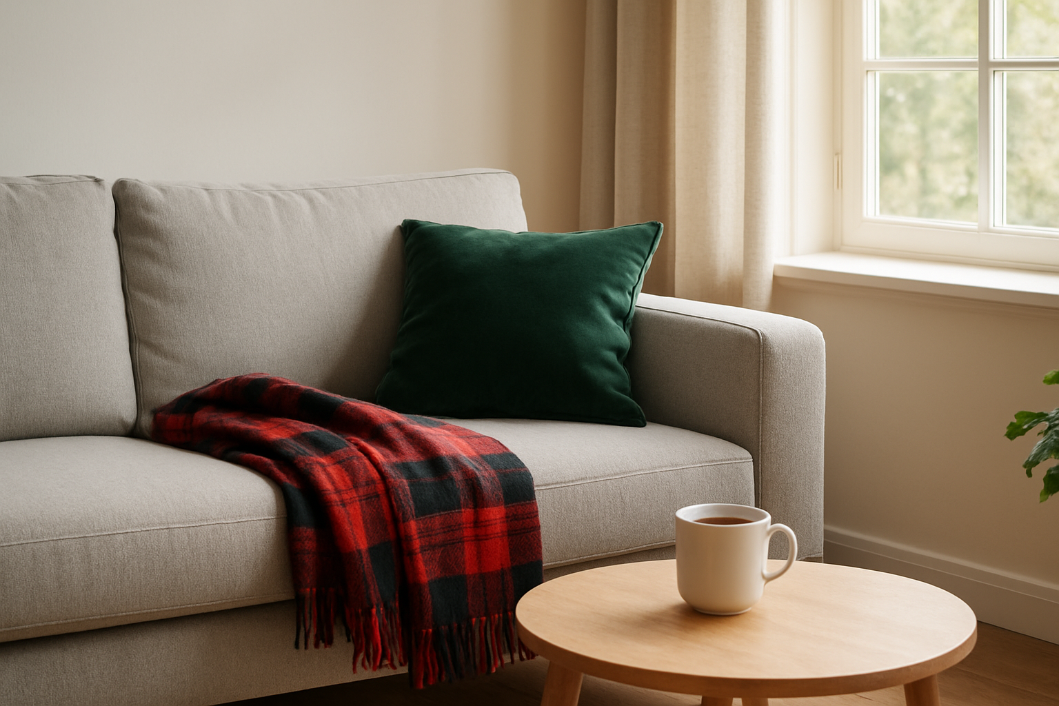 Plaid def en laine écossais rouge et noir plié sur un canapé gris, avec coussin vert et tasse de thé sur table basse, lumière naturelle.