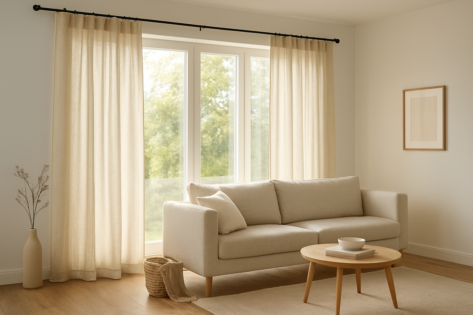 Rideaux Atmosphera en lin beige dans un salon lumineux, suspendus à une tringle noire, avec lumière naturelle filtrée et décoration scandinave.