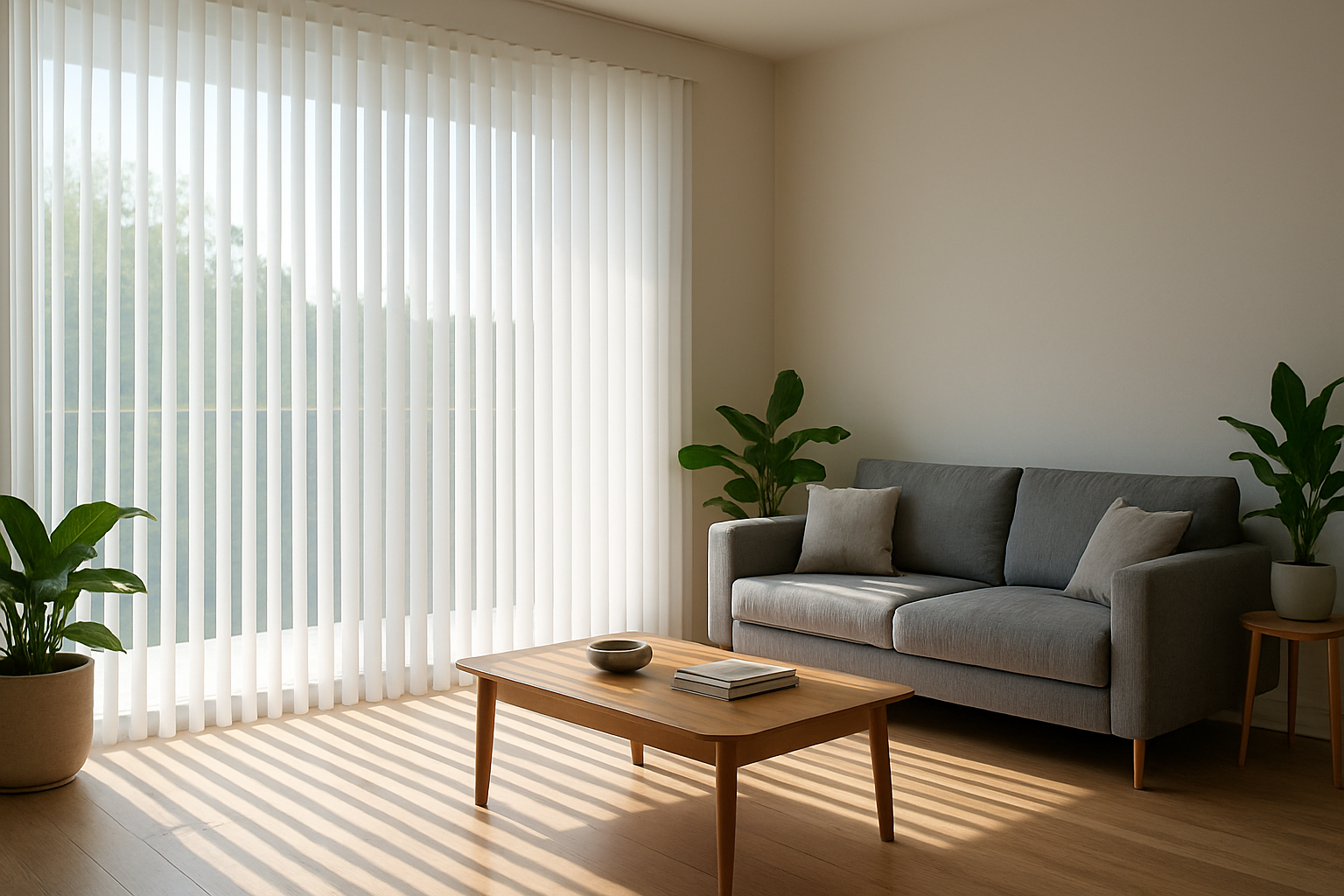 Rideau californien blanc voilage installé sur une baie vitrée dans un salon lumineux avec canapé gris et plantes vertes
