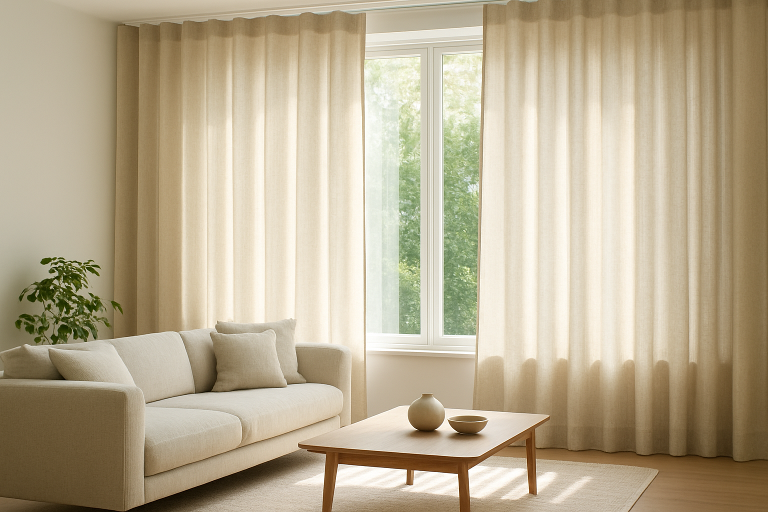 Rideau wave en lin beige dans un salon lumineux, formant des ondulations régulières devant une fenêtre, avec canapé moderne et table basse en bois.